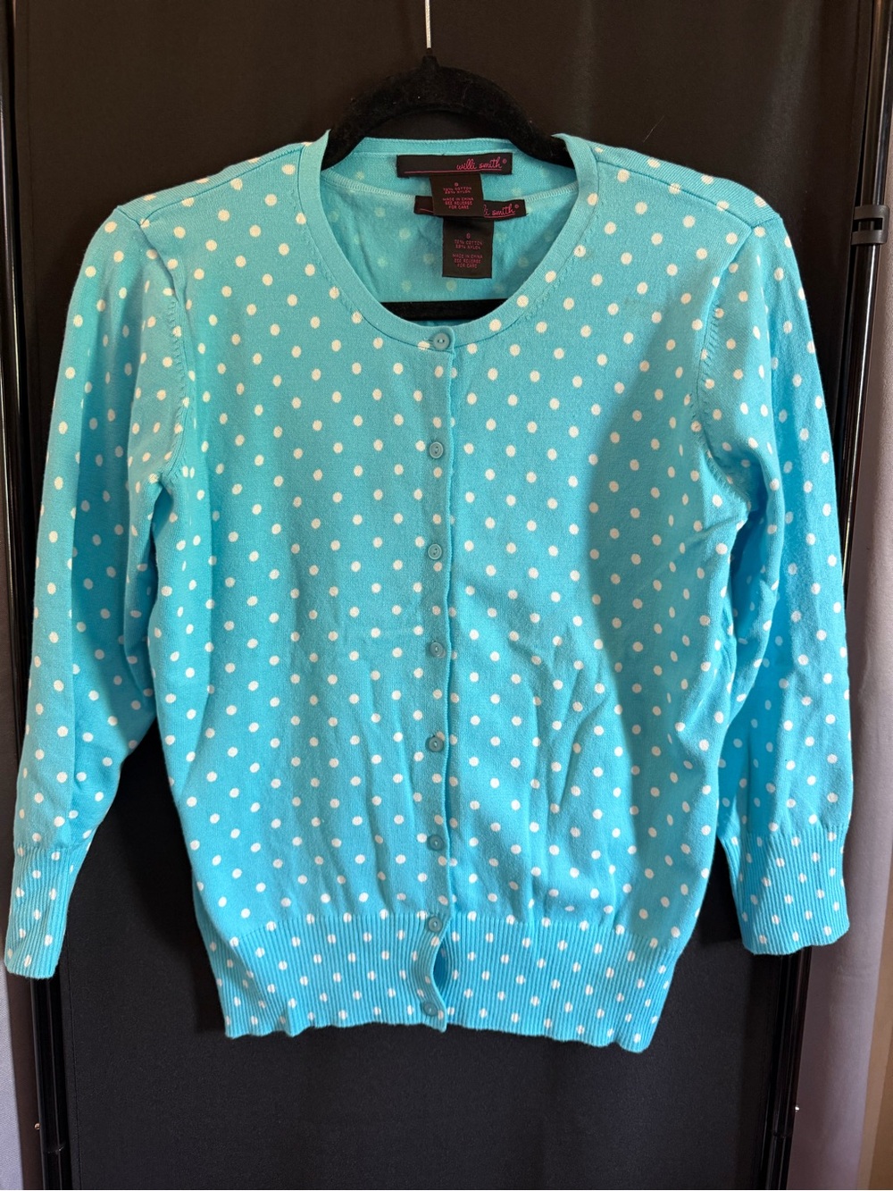 Willi Smith aqua blue polka dot button-front cardigan set
